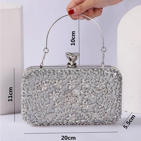 Luxurious silver floral rhinestone party evening wedding prom clutch box bag - Picture 3 of 4